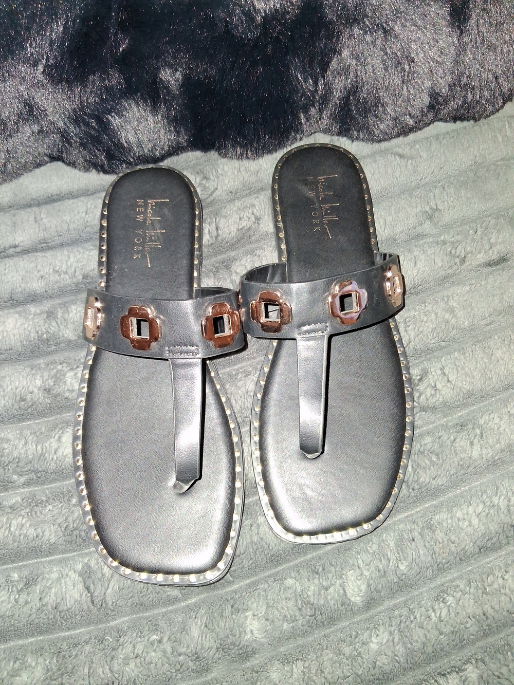 Nicole Miller New York Black Leather T-Strap Sandals with Rose Gold Accents